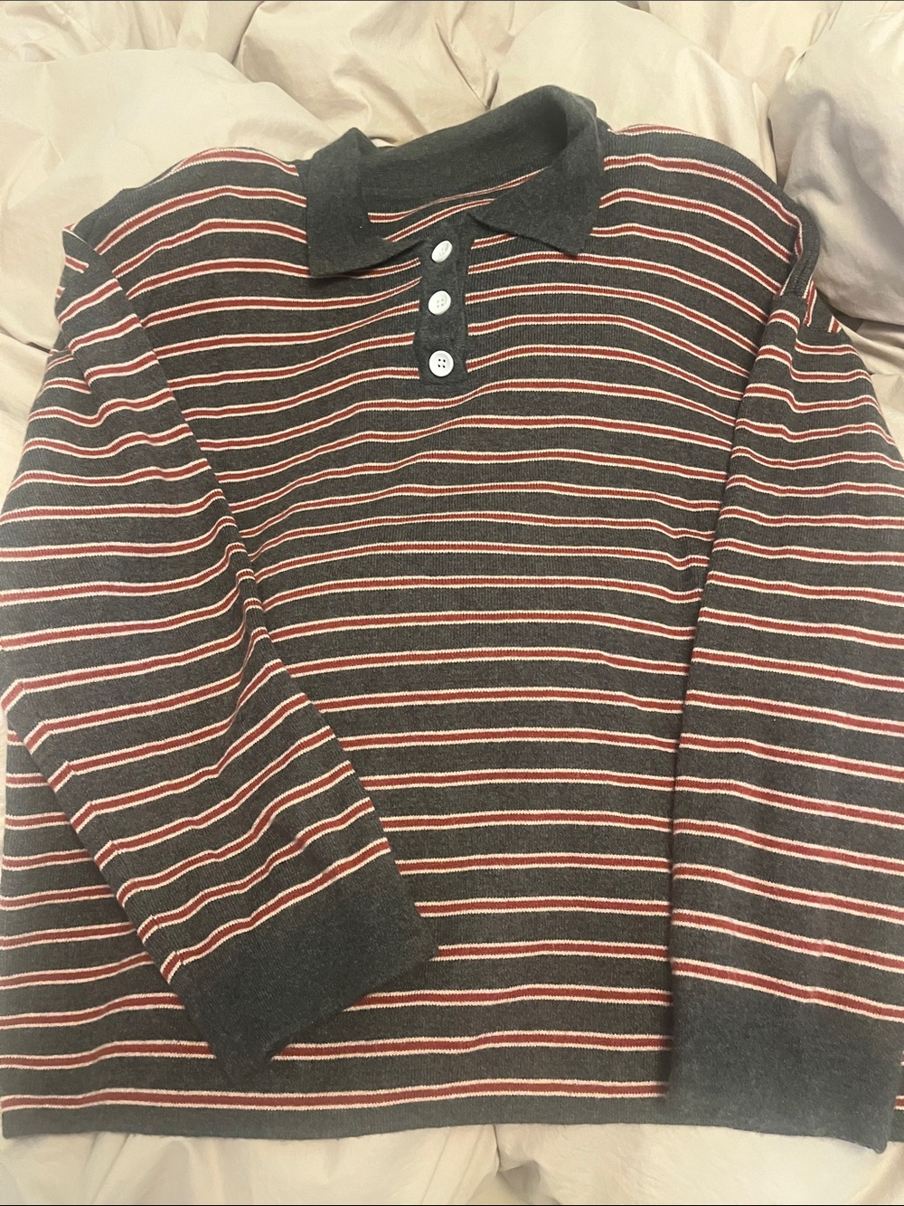 Striped Polo Sweater - Charcoal with Red & White Stripes